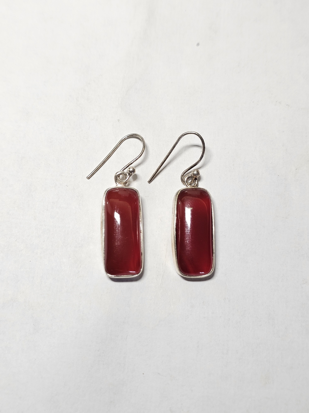 Sterling Silver Red Glass Rectangle Drop Earrings -